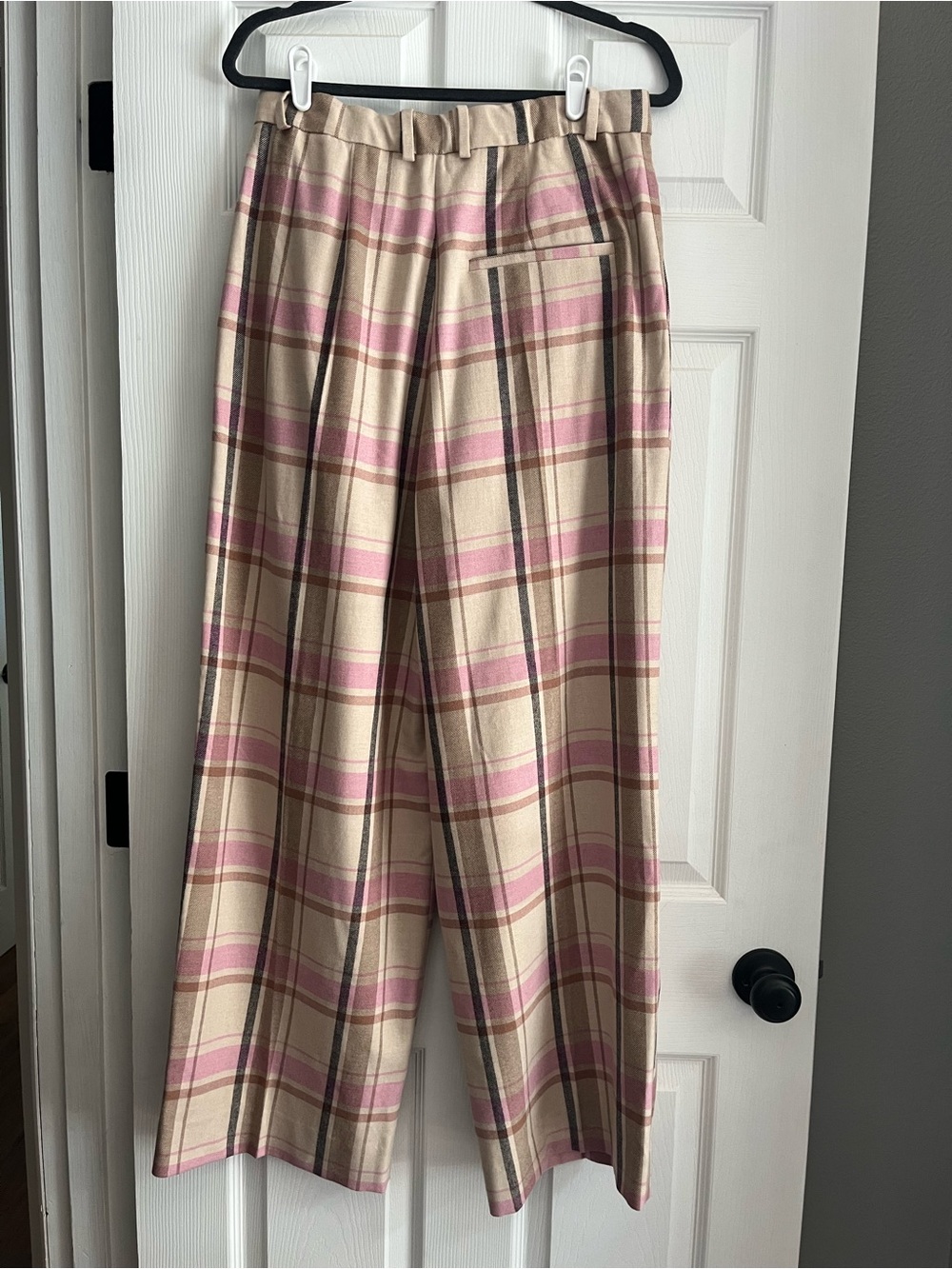 NWT COS High Rise Wide Leg Wool Blend Adjustable Waist Pink Plaid Trousers Sz 8 - Picture 7 of 16